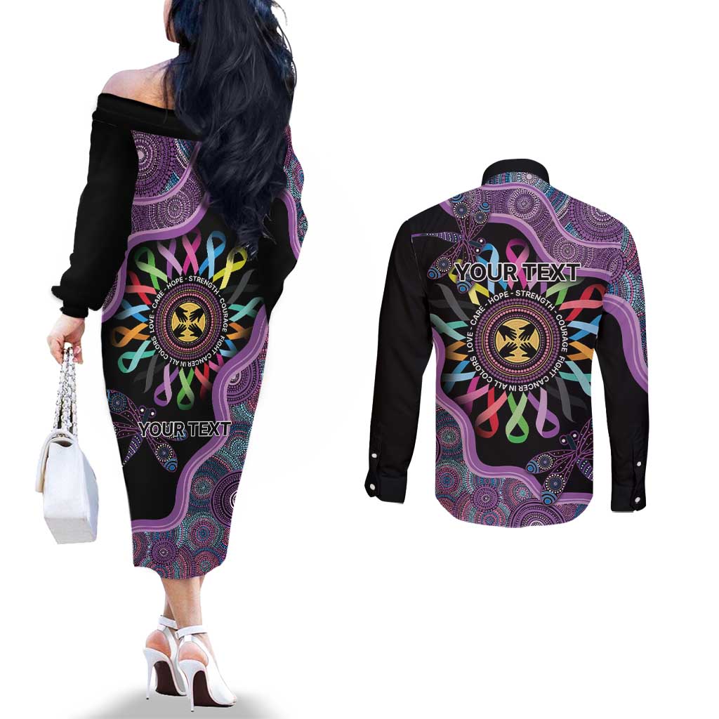 Inspirational Fight Cancers In All Color Personalised Couples Matching Off The Shoulder Long Sleeve Dress and Long Sleeve Button Shirt Dragonfly Aboriginal Art