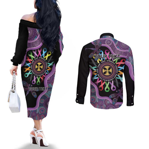 Inspirational Fight Cancers In All Color Personalised Couples Matching Off The Shoulder Long Sleeve Dress and Long Sleeve Button Shirt Dragonfly Aboriginal Art