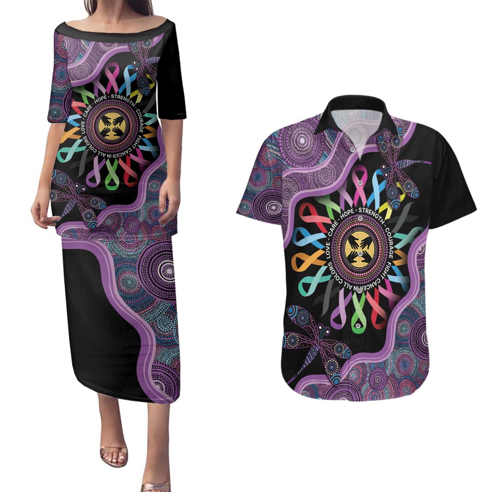 Inspirational Fight Cancers In All Color Personalised Couples Matching Puletasi and Hawaiian Shirt Dragonfly Aboriginal Art