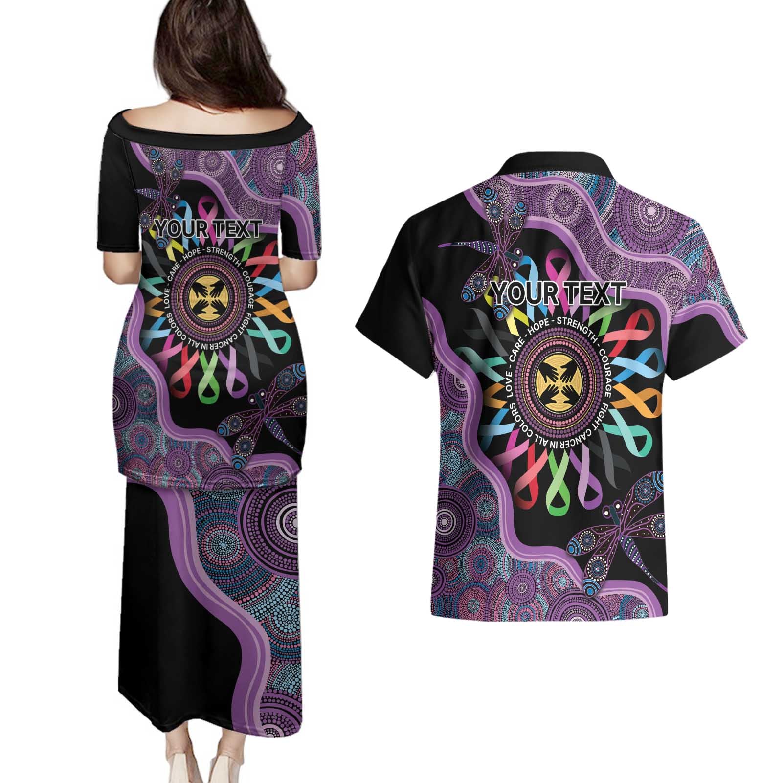 Inspirational Fight Cancers In All Color Personalised Couples Matching Puletasi and Hawaiian Shirt Dragonfly Aboriginal Art