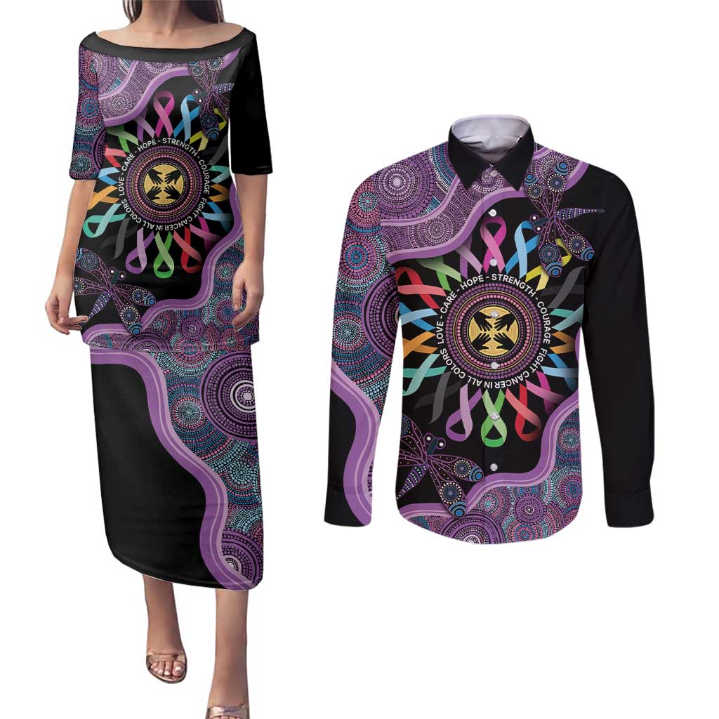 Inspirational Fight Cancers In All Color Personalised Couples Matching Puletasi and Long Sleeve Button Shirt Dragonfly Aboriginal Art
