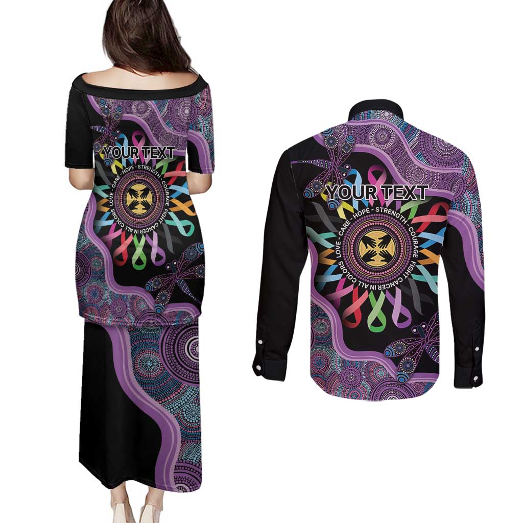 Inspirational Fight Cancers In All Color Personalised Couples Matching Puletasi and Long Sleeve Button Shirt Dragonfly Aboriginal Art