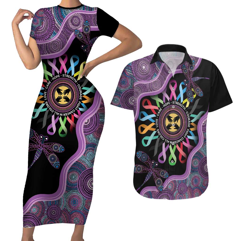 Inspirational Fight Cancers In All Color Personalised Couples Matching Short Sleeve Bodycon Dress and Hawaiian Shirt Dragonfly Aboriginal Art