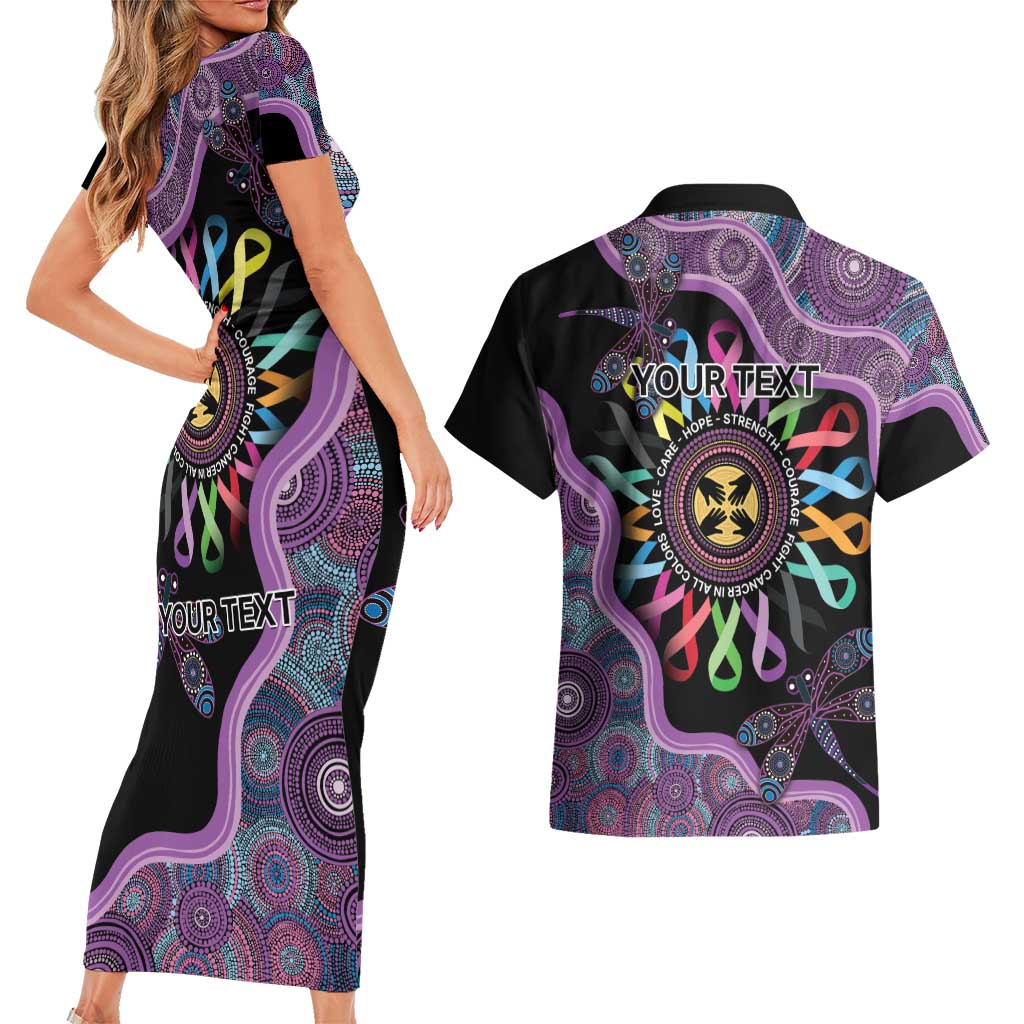 Inspirational Fight Cancers In All Color Personalised Couples Matching Short Sleeve Bodycon Dress and Hawaiian Shirt Dragonfly Aboriginal Art