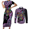 Inspirational Fight Cancers In All Color Personalised Couples Matching Short Sleeve Bodycon Dress and Long Sleeve Button Shirt Dragonfly Aboriginal Art