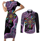 Inspirational Fight Cancers In All Color Personalised Couples Matching Short Sleeve Bodycon Dress and Long Sleeve Button Shirt Dragonfly Aboriginal Art