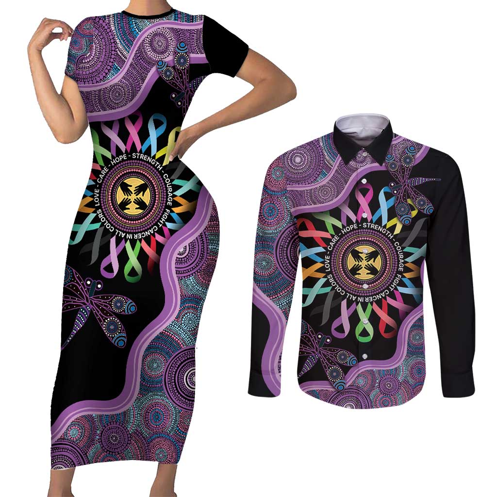 Inspirational Fight Cancers In All Color Personalised Couples Matching Short Sleeve Bodycon Dress and Long Sleeve Button Shirt Dragonfly Aboriginal Art