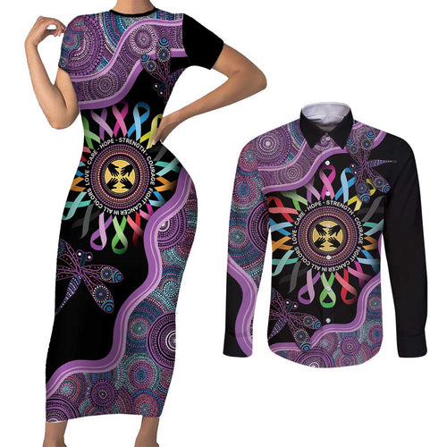 Inspirational Fight Cancers In All Color Personalised Couples Matching Short Sleeve Bodycon Dress and Long Sleeve Button Shirt Dragonfly Aboriginal Art