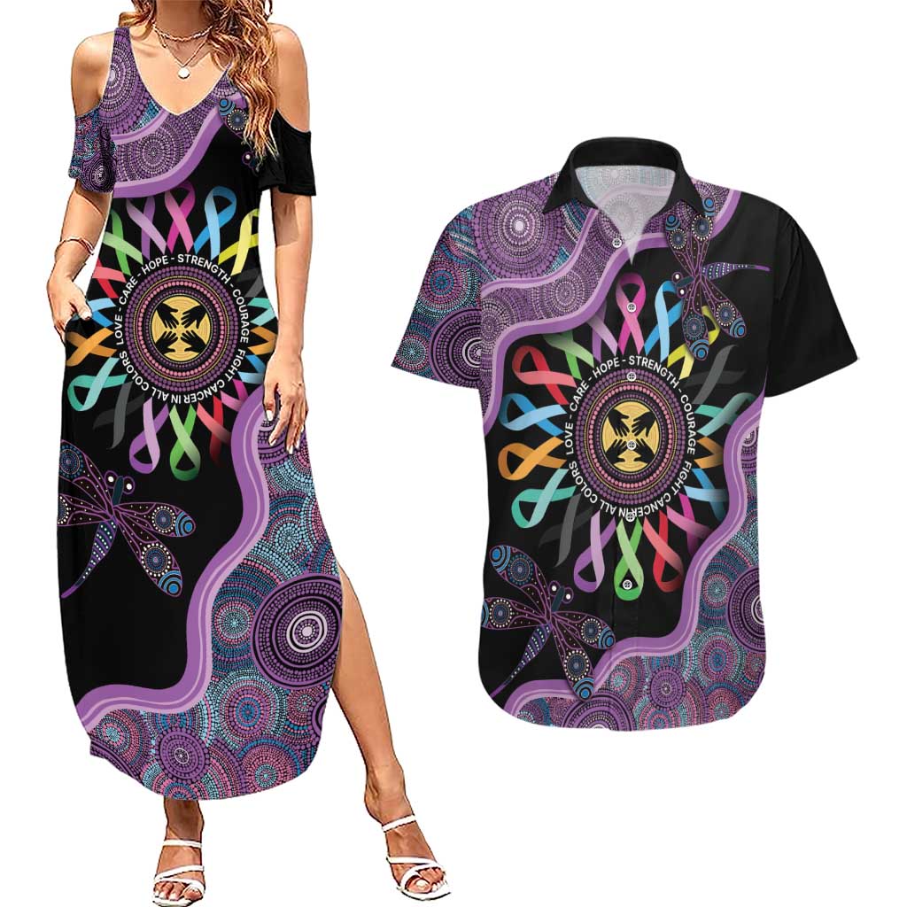 Inspirational Fight Cancers In All Color Personalised Couples Matching Summer Maxi Dress and Hawaiian Shirt Dragonfly Aboriginal Art