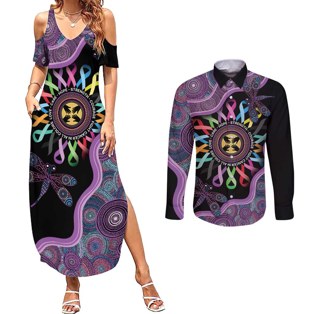 Inspirational Fight Cancers In All Color Personalised Couples Matching Summer Maxi Dress and Long Sleeve Button Shirt Dragonfly Aboriginal Art