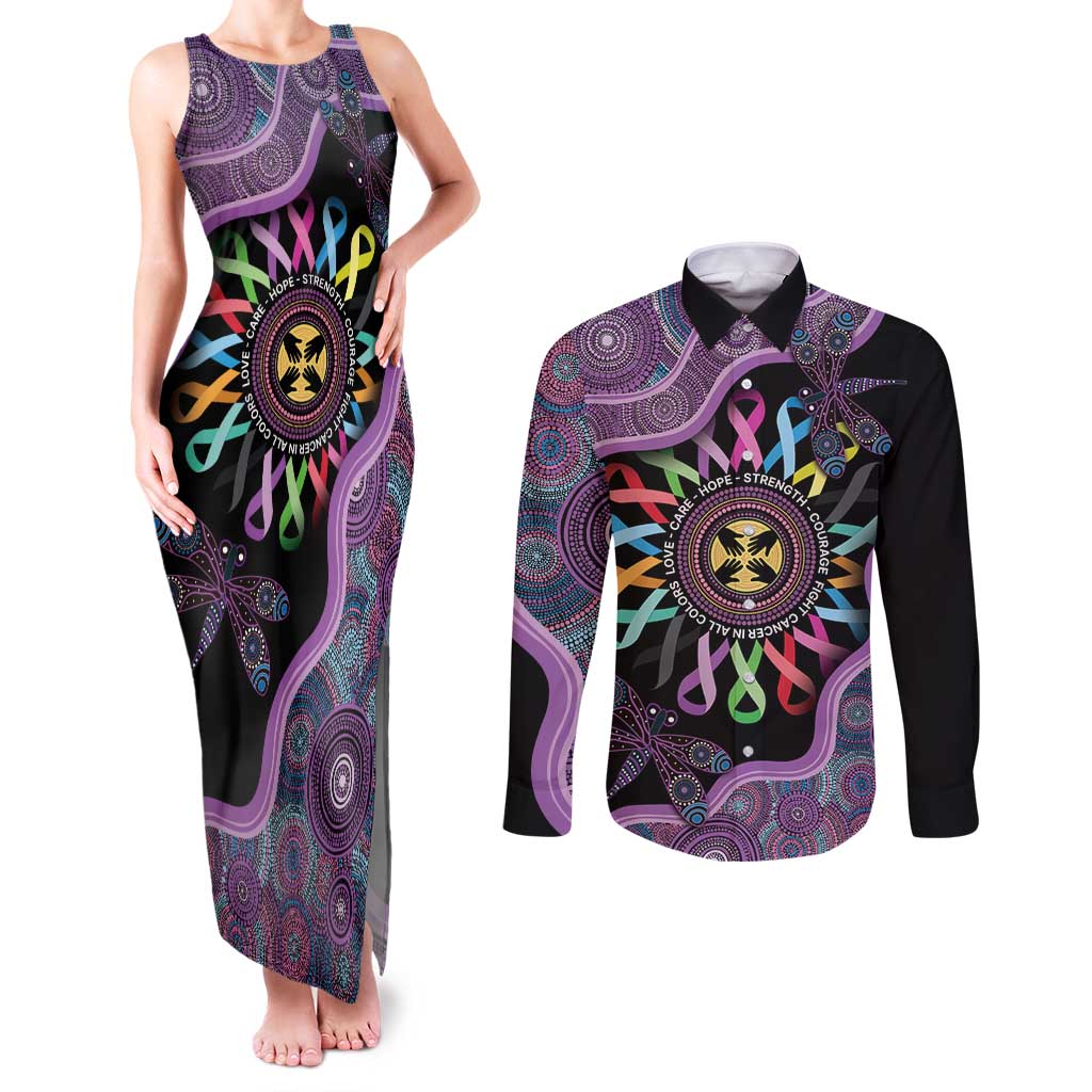 Inspirational Fight Cancers In All Color Personalised Couples Matching Tank Maxi Dress and Long Sleeve Button Shirt Dragonfly Aboriginal Art
