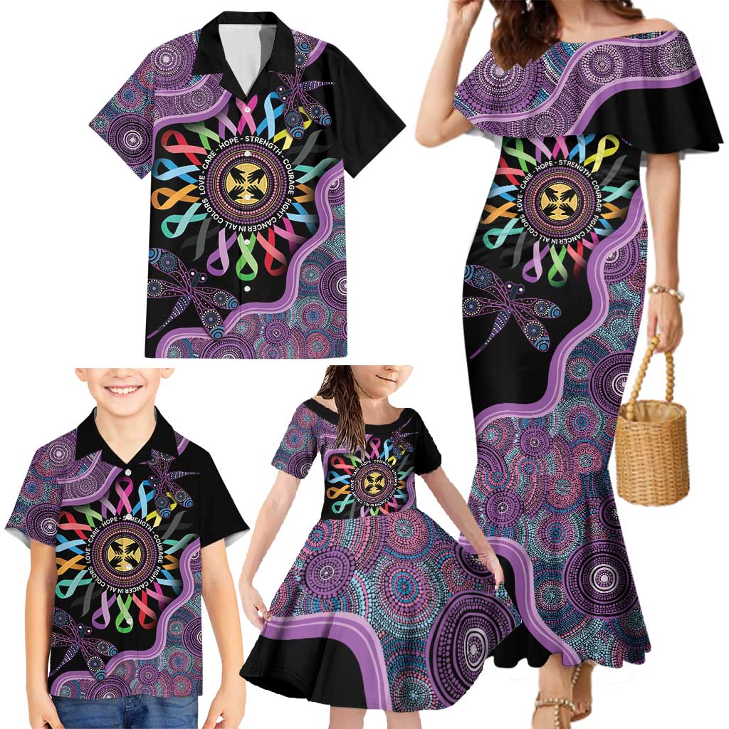 Inspirational Fight Cancers In All Color Personalised Family Matching Mermaid Dress and Hawaiian Shirt Dragonfly Aboriginal Art