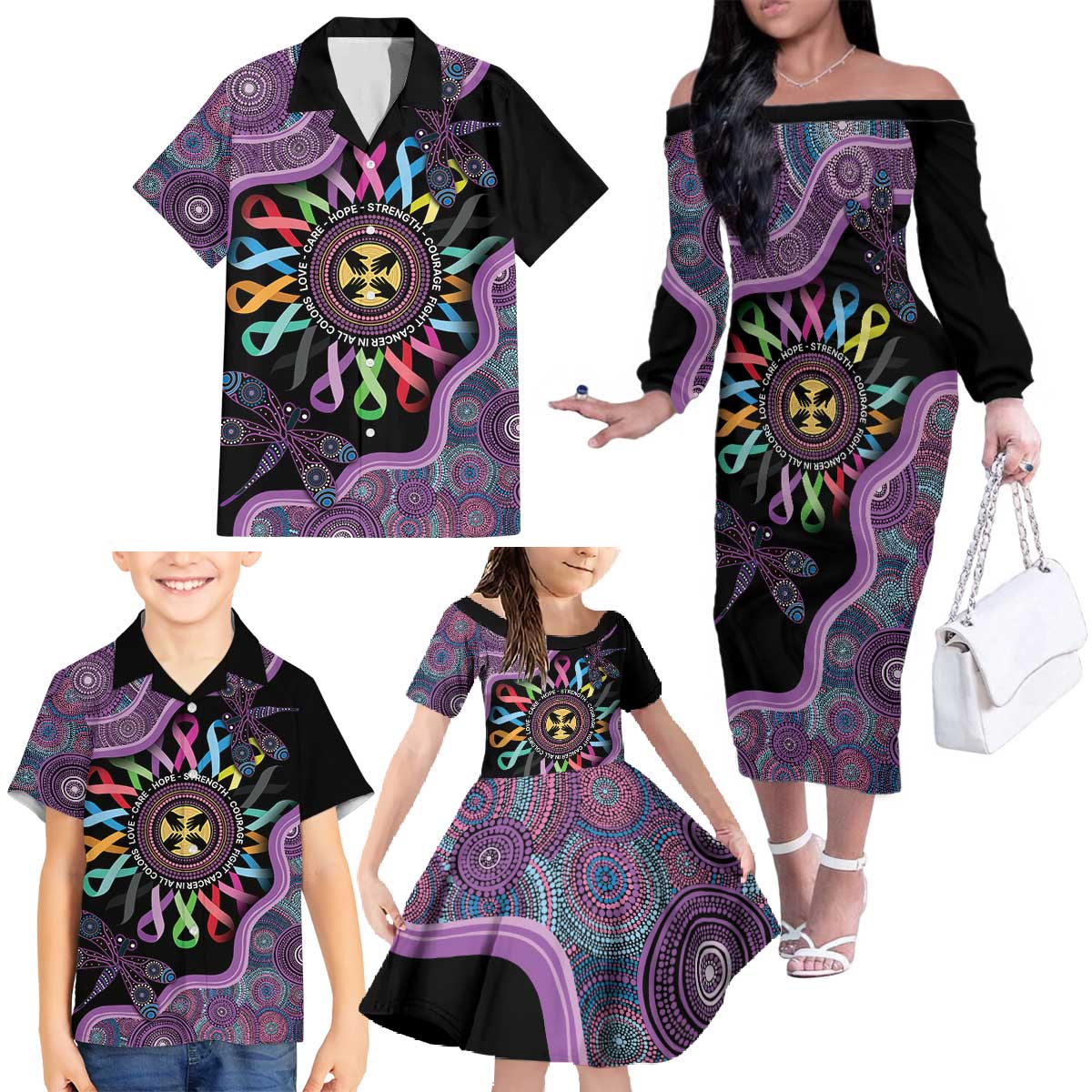 Inspirational Fight Cancers In All Color Personalised Family Matching Off The Shoulder Long Sleeve Dress and Hawaiian Shirt Dragonfly Aboriginal Art