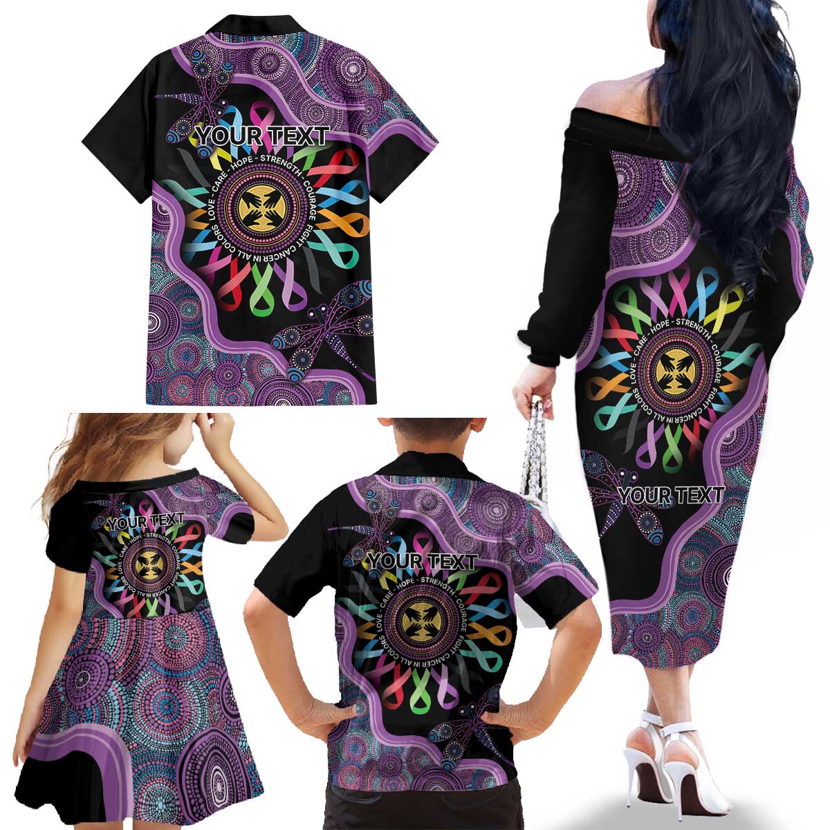 Inspirational Fight Cancers In All Color Personalised Family Matching Off The Shoulder Long Sleeve Dress and Hawaiian Shirt Dragonfly Aboriginal Art