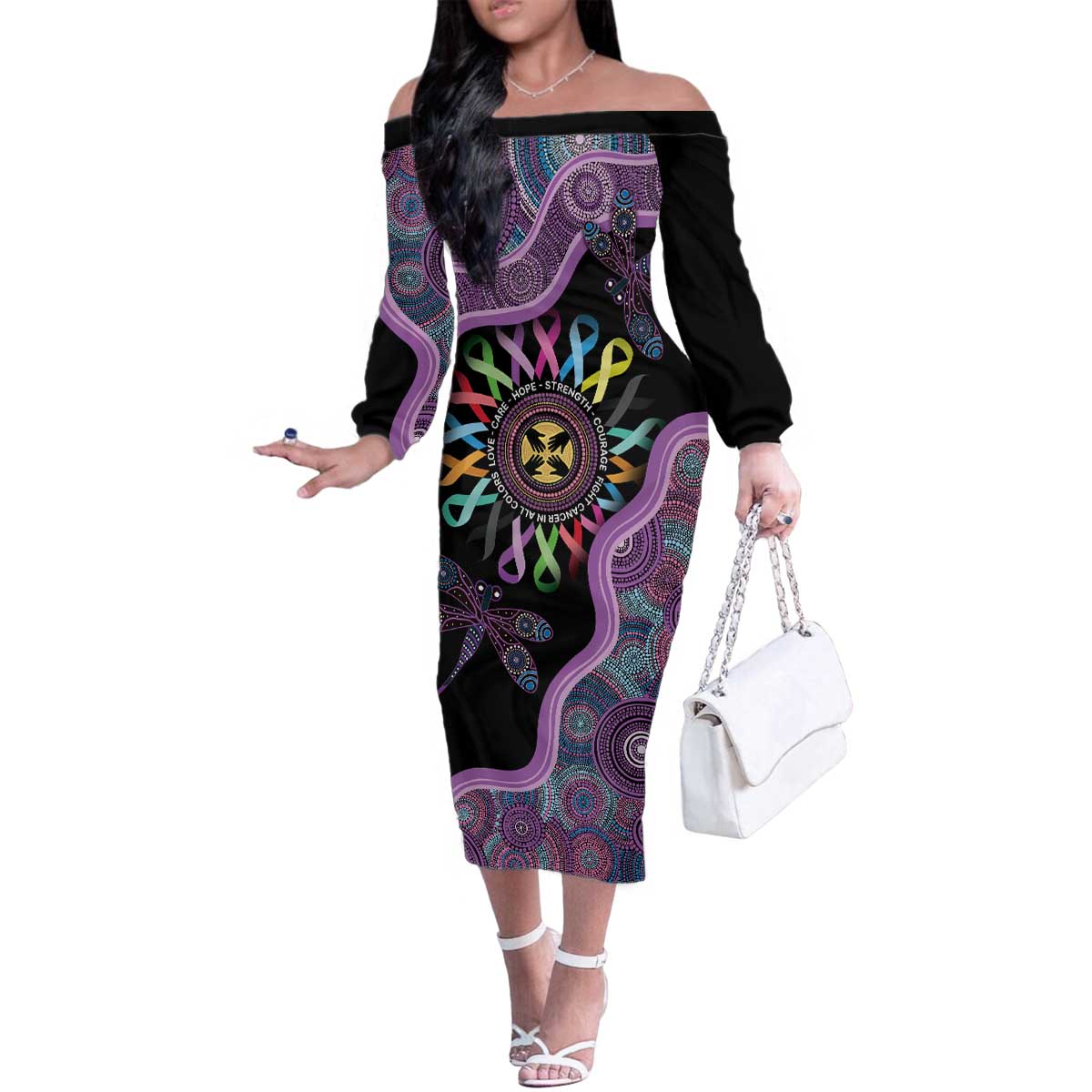 Inspirational Fight Cancers In All Color Personalised Family Matching Off The Shoulder Long Sleeve Dress and Hawaiian Shirt Dragonfly Aboriginal Art