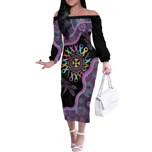 Inspirational Fight Cancers In All Color Personalised Family Matching Off The Shoulder Long Sleeve Dress and Hawaiian Shirt Dragonfly Aboriginal Art