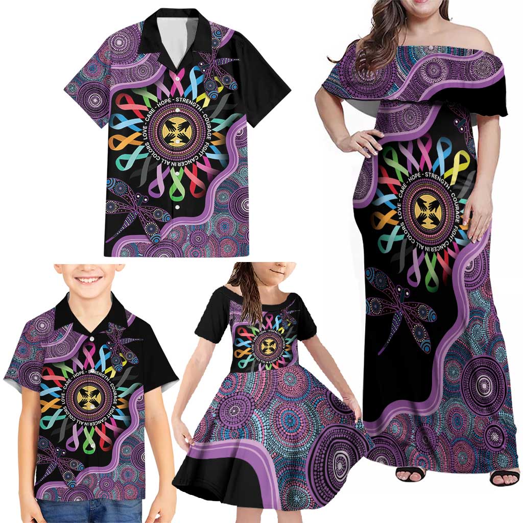 Inspirational Fight Cancers In All Color Personalised Family Matching Off Shoulder Maxi Dress and Hawaiian Shirt Dragonfly Aboriginal Art