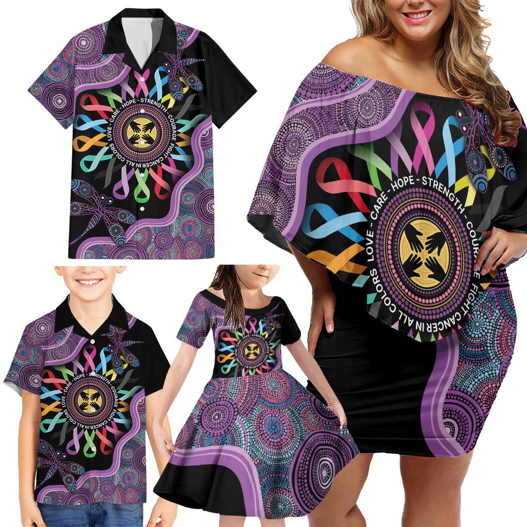 Inspirational Fight Cancers In All Color Personalised Family Matching Off Shoulder Short Dress and Hawaiian Shirt Dragonfly Aboriginal Art