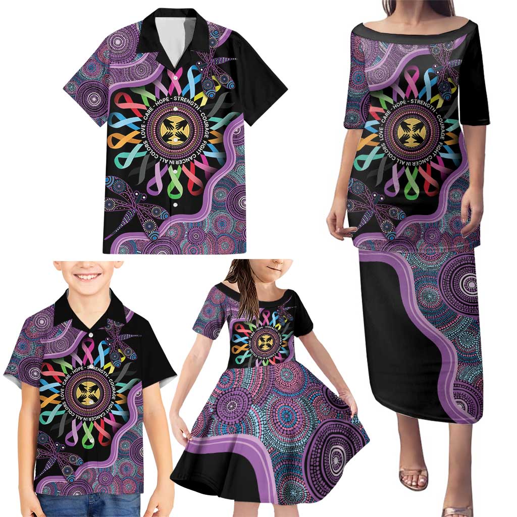 Inspirational Fight Cancers In All Color Personalised Family Matching Puletasi and Hawaiian Shirt Dragonfly Aboriginal Art