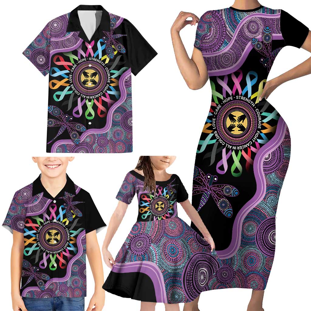 Inspirational Fight Cancers In All Color Personalised Family Matching Short Sleeve Bodycon Dress and Hawaiian Shirt Dragonfly Aboriginal Art