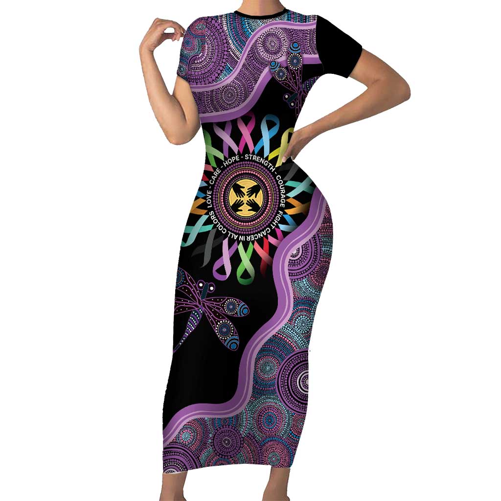 Inspirational Fight Cancers In All Color Personalised Family Matching Short Sleeve Bodycon Dress and Hawaiian Shirt Dragonfly Aboriginal Art