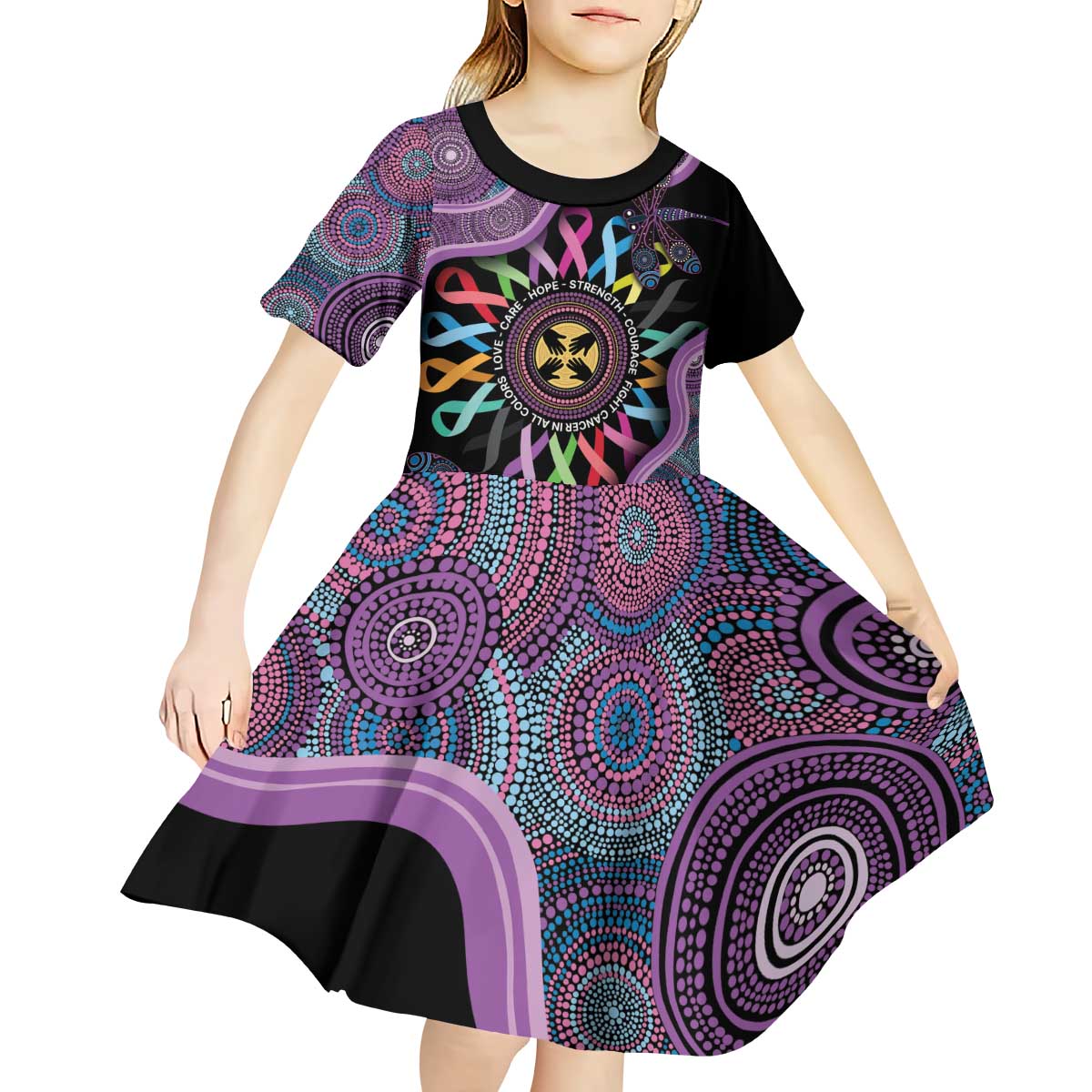 Inspirational Fight Cancers In All Color Personalised Kid Short Sleeve Dress Dragonfly Aboriginal Art