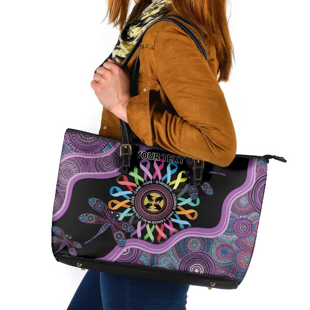 Inspirational Fight Cancers In All Color Personalised Leather Tote Bag Dragonfly Aboriginal Art