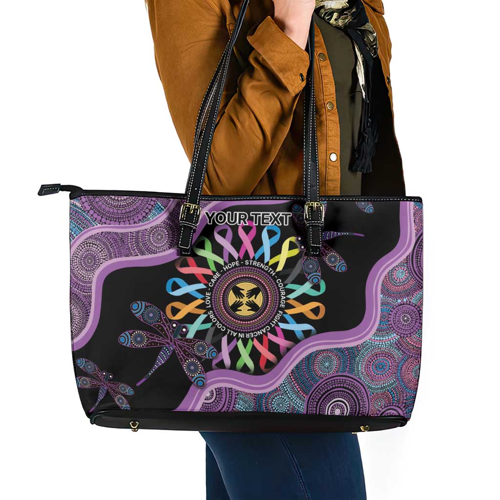 Inspirational Fight Cancers In All Color Personalised Leather Tote Bag Dragonfly Aboriginal Art
