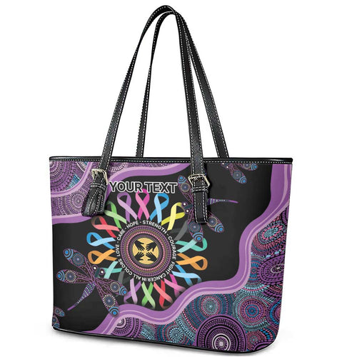 Inspirational Fight Cancers In All Color Personalised Leather Tote Bag Dragonfly Aboriginal Art