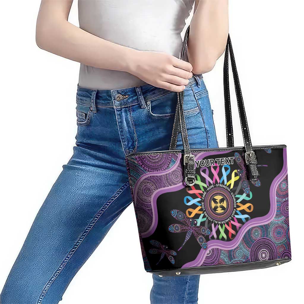 Inspirational Fight Cancers In All Color Personalised Leather Tote Bag Dragonfly Aboriginal Art