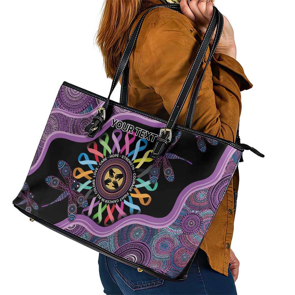 Inspirational Fight Cancers In All Color Personalised Leather Tote Bag Dragonfly Aboriginal Art
