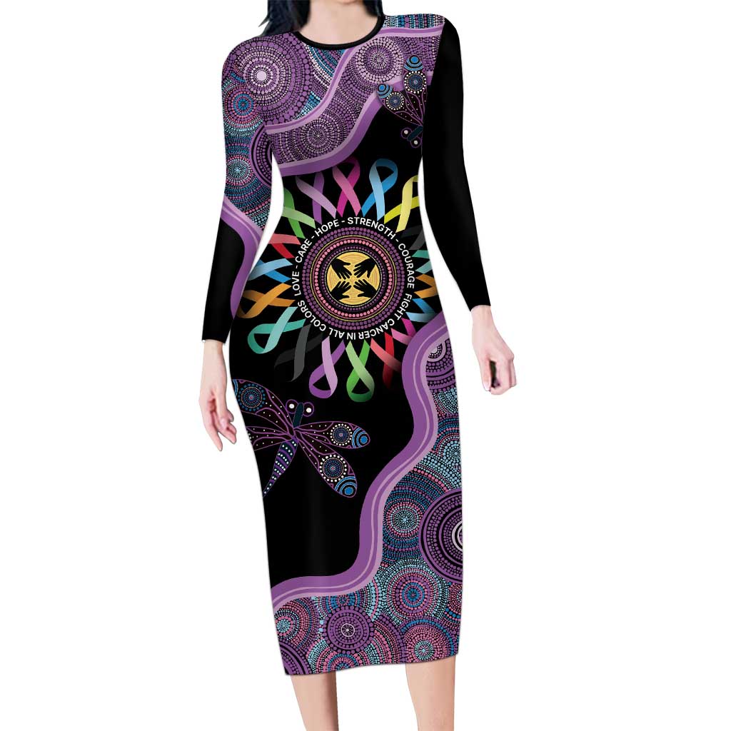 Inspirational Fight Cancers In All Color Personalised Long Sleeve Bodycon Dress Dragonfly Aboriginal Art