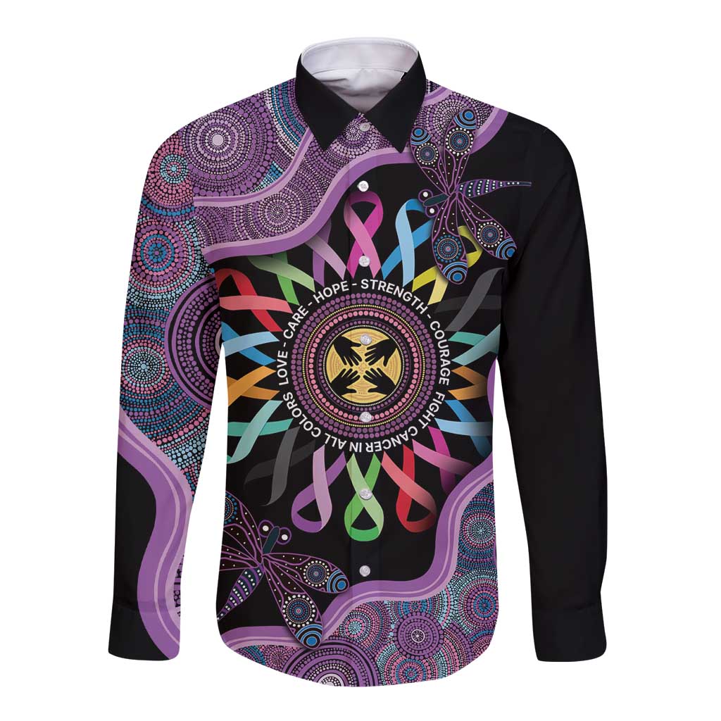 Inspirational Fight Cancers In All Color Personalised Long Sleeve Button Shirt Dragonfly Aboriginal Art