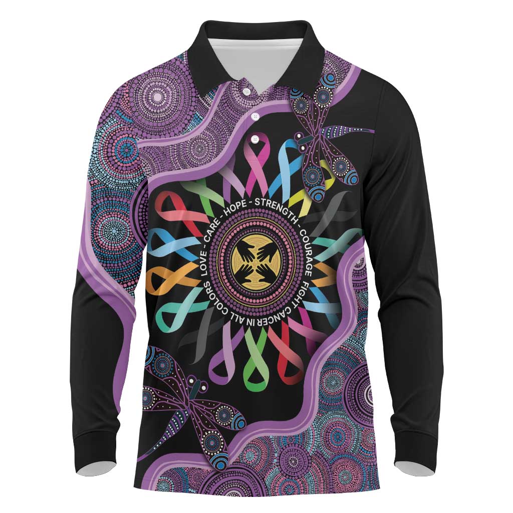 Inspirational Fight Cancers In All Color Personalised Long Sleeve Polo Shirt Dragonfly Aboriginal Art