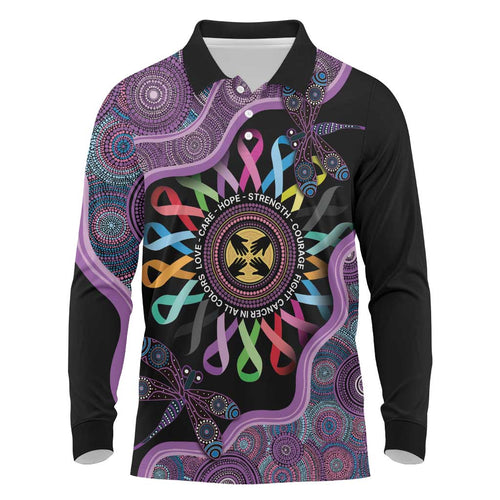 Inspirational Fight Cancers In All Color Personalised Long Sleeve Polo Shirt Dragonfly Aboriginal Art