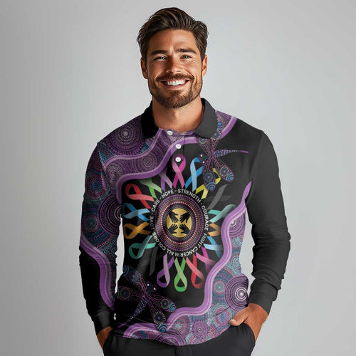 Inspirational Fight Cancers In All Color Personalised Long Sleeve Polo Shirt Dragonfly Aboriginal Art