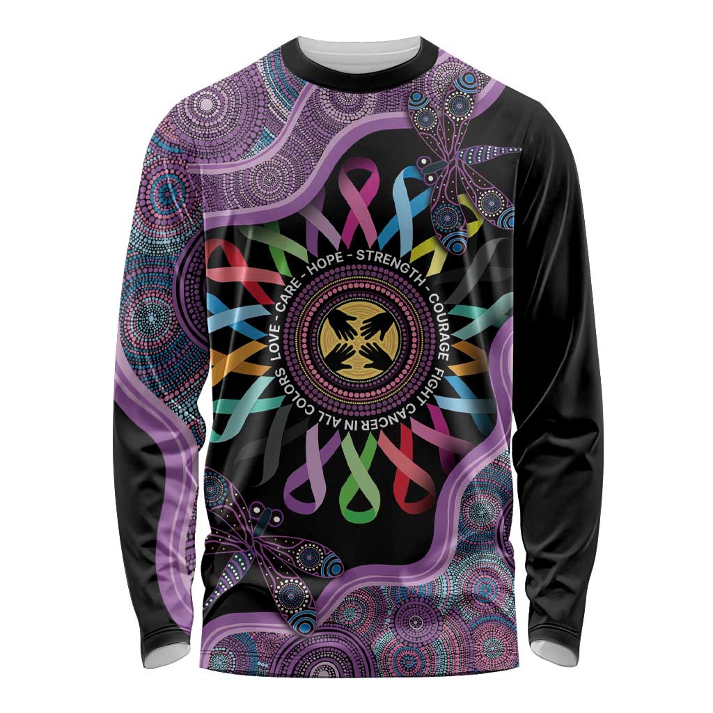 Inspirational Fight Cancers In All Color Personalised Long Sleeve Shirt Dragonfly Aboriginal Art