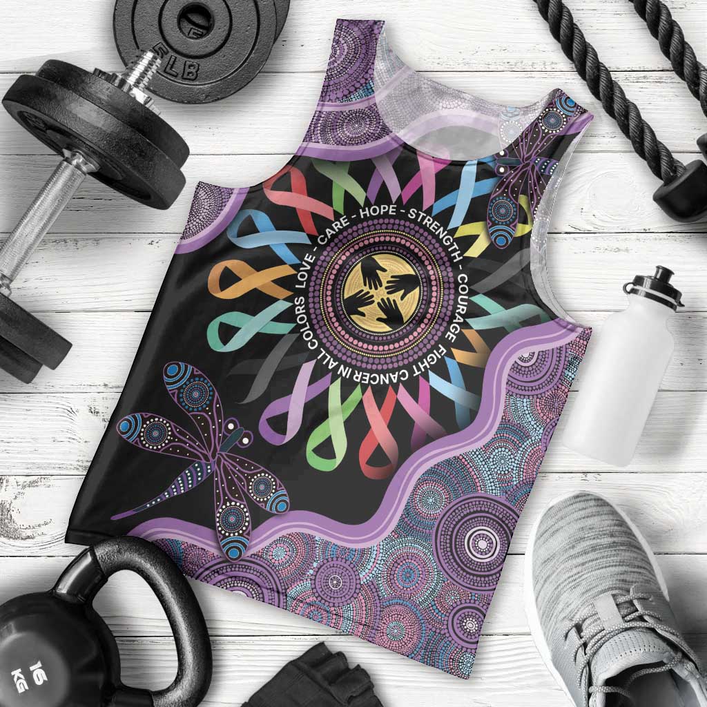 Inspirational Fight Cancers In All Color Personalised Men Tank Top Dragonfly Aboriginal Art