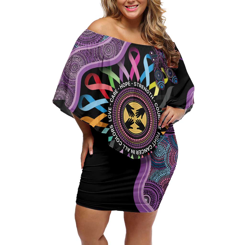 Inspirational Fight Cancers In All Color Personalised Off Shoulder Short Dress Dragonfly Aboriginal Art