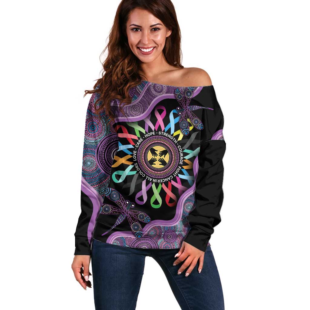 Inspirational Fight Cancers In All Color Personalised Off Shoulder Sweater Dragonfly Aboriginal Art