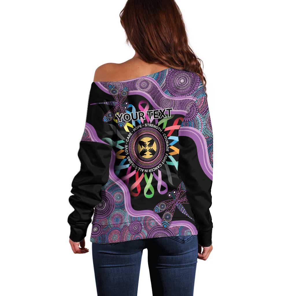 Inspirational Fight Cancers In All Color Personalised Off Shoulder Sweater Dragonfly Aboriginal Art