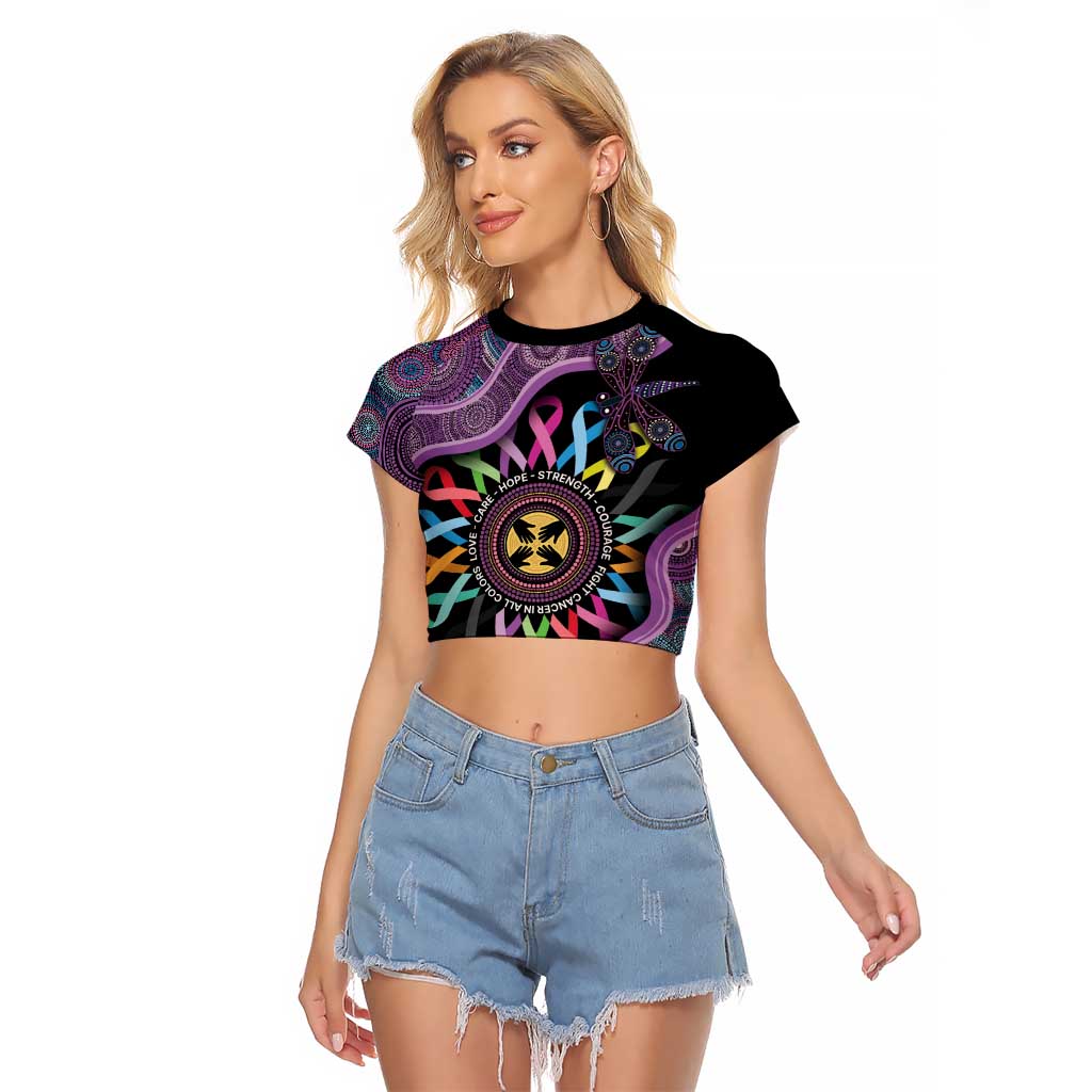 Inspirational Fight Cancers In All Color Personalised Raglan Cropped T Shirt Dragonfly Aboriginal Art