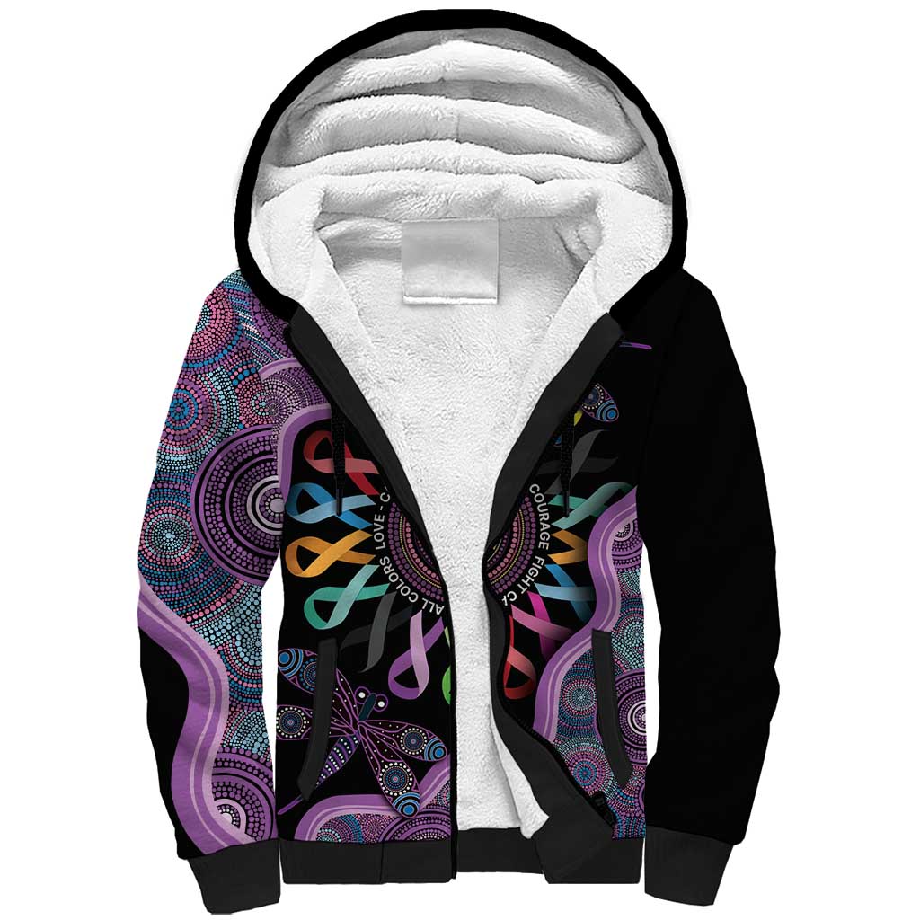 Inspirational Fight Cancers In All Color Personalised Sherpa Hoodie Dragonfly Aboriginal Art