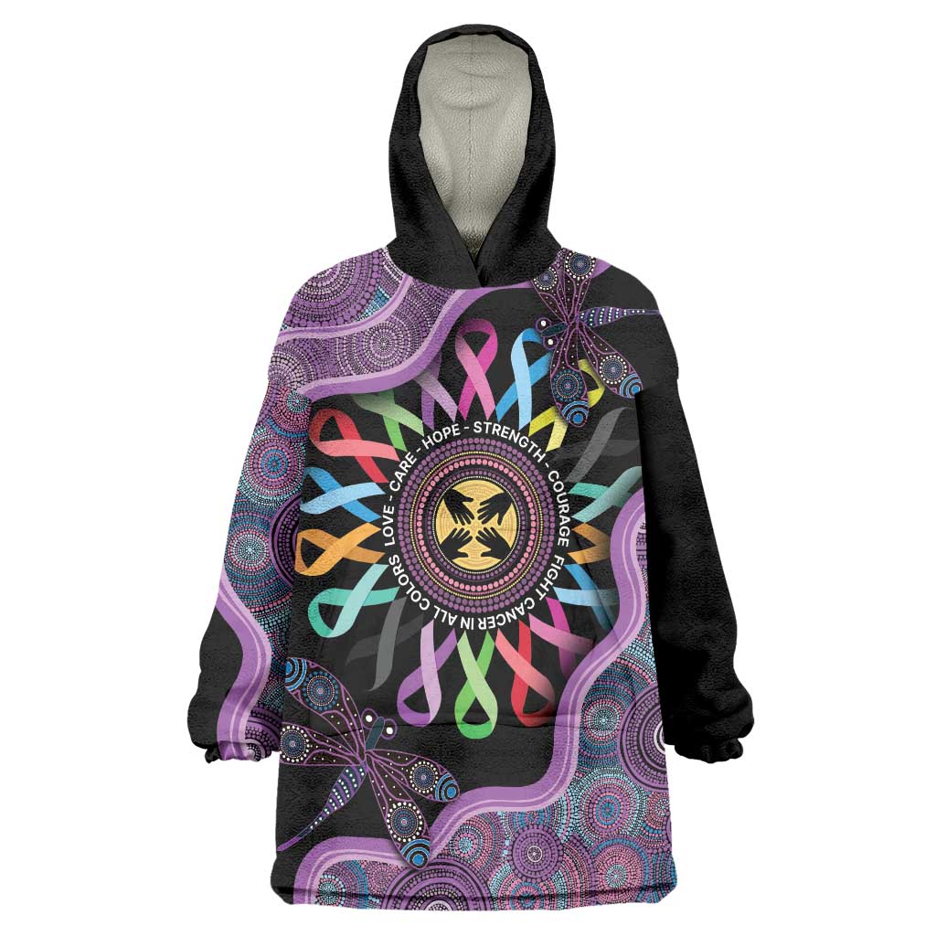 Inspirational Fight Cancers In All Color Personalised Wearable Blanket Hoodie Dragonfly Aboriginal Art