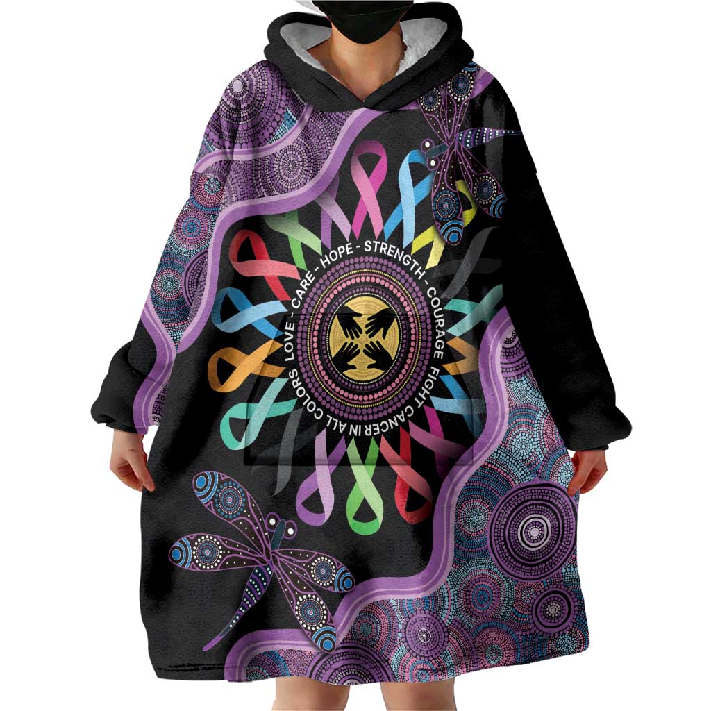 Inspirational Fight Cancers In All Color Personalised Wearable Blanket Hoodie Dragonfly Aboriginal Art