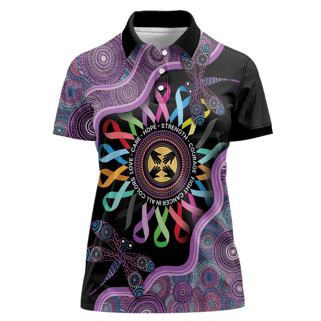 Inspirational Fight Cancers In All Color Personalised Women Polo Shirt Dragonfly Aboriginal Art