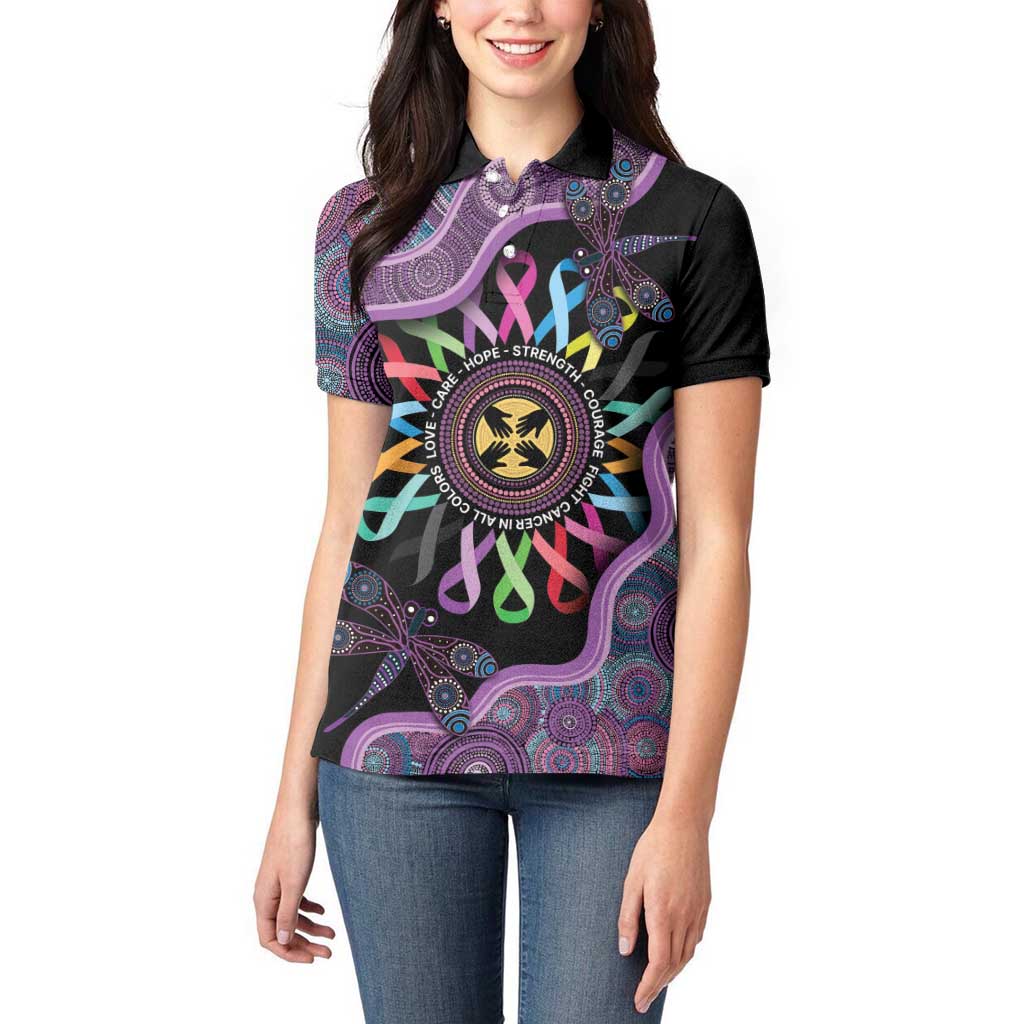 Inspirational Fight Cancers In All Color Personalised Women Polo Shirt Dragonfly Aboriginal Art