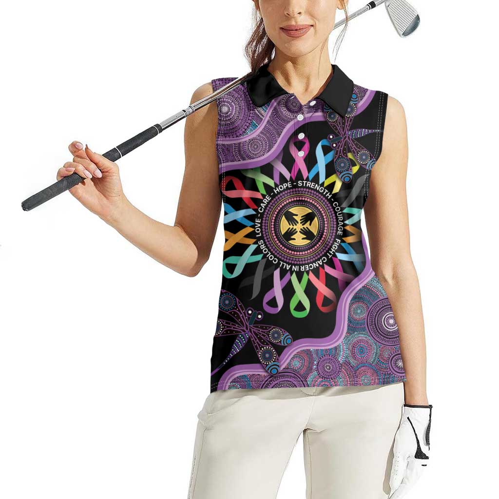 Inspirational Fight Cancers In All Color Personalised Women Sleeveless Polo Shirt Dragonfly Aboriginal Art