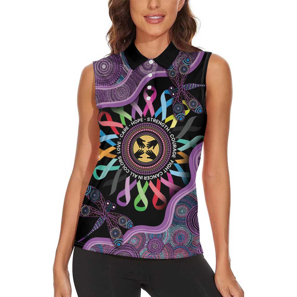 Inspirational Fight Cancers In All Color Personalised Women Sleeveless Polo Shirt Dragonfly Aboriginal Art