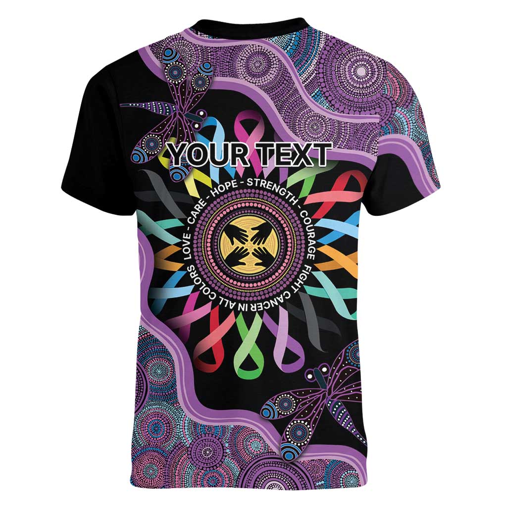 Inspirational Fight Cancers In All Color Personalised Women V-Neck T-Shirt Dragonfly Aboriginal Art